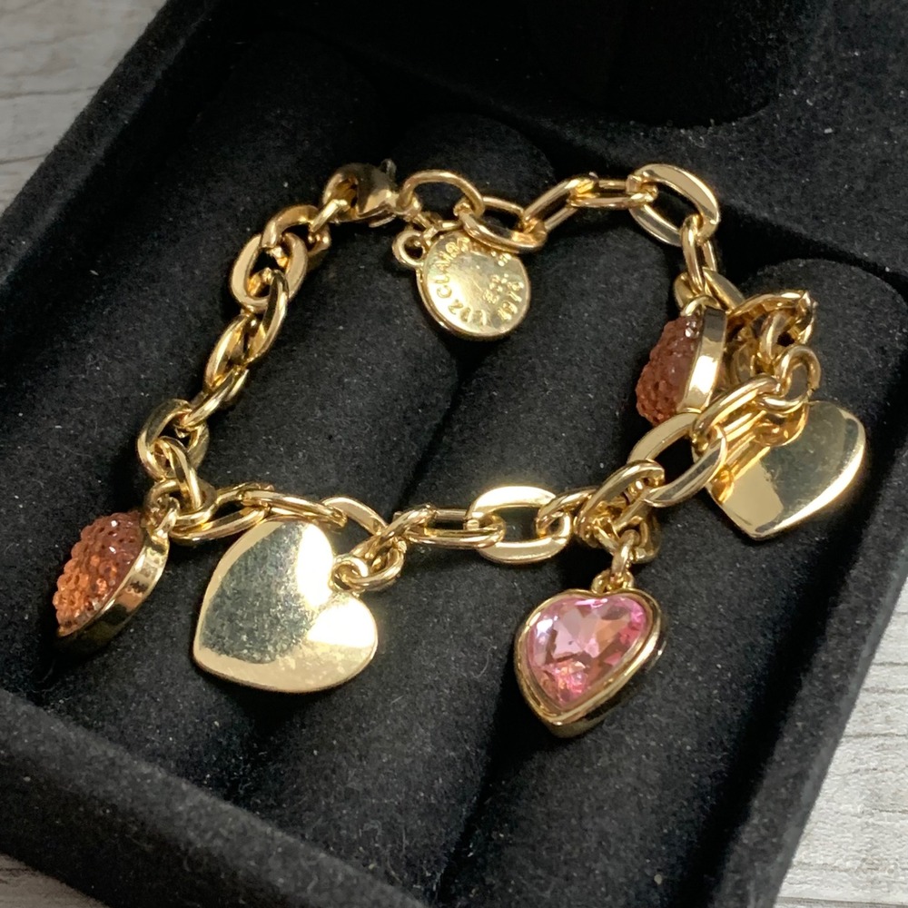 Liz Claiborne Gold Tone Heart Charm Bracelet Pink Crystal Druzy 6.5 Inch